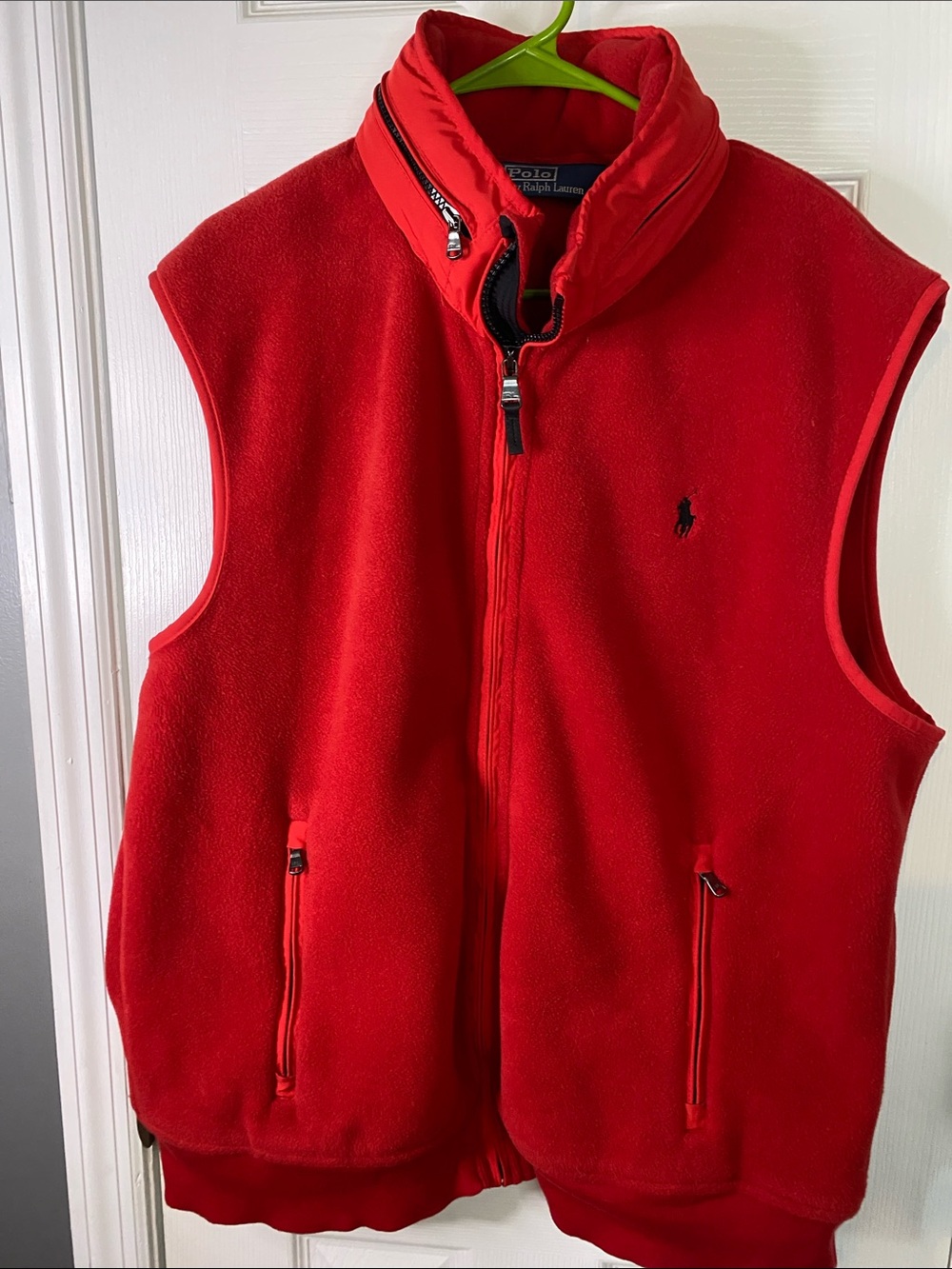 Polo by Ralph Lauren Men’s Bright Red Fleece Vest with Hoodie inside collar XXL.